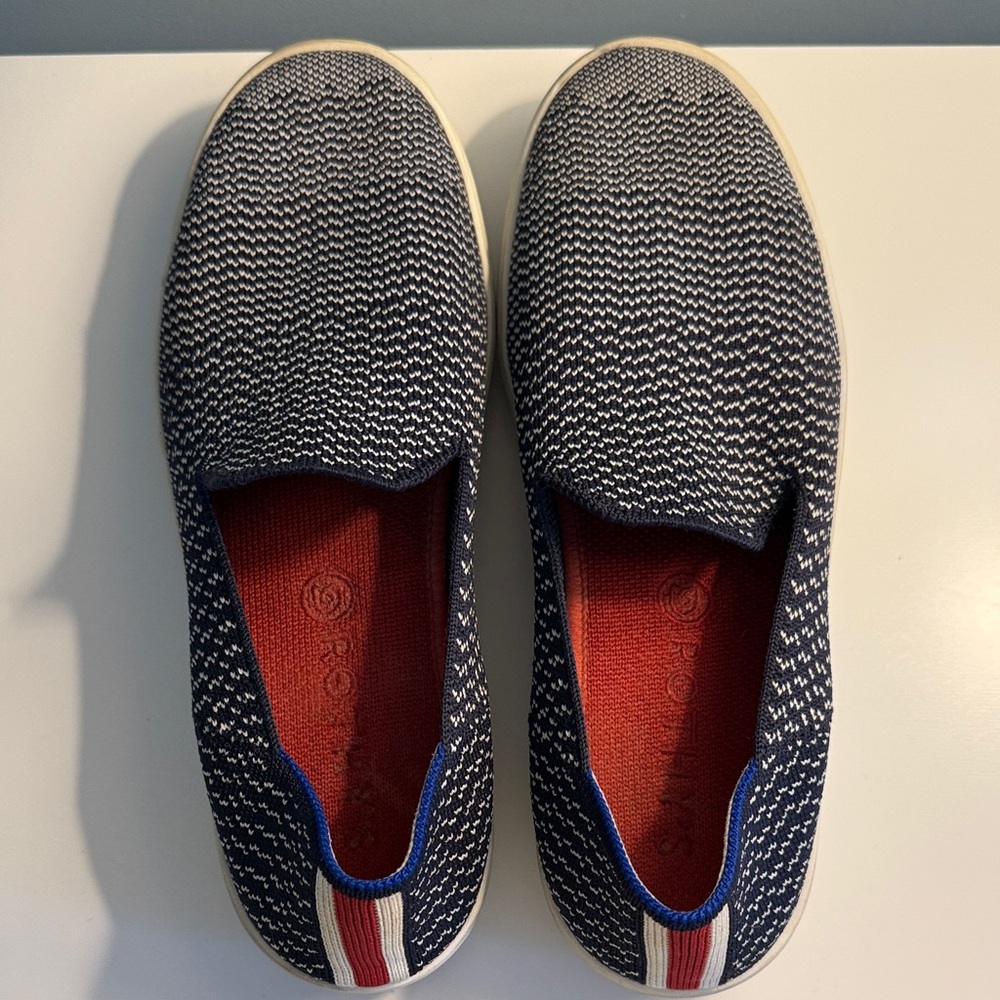 Rothy's Navy and White Knit Slip-On Loafers with Red Insoles